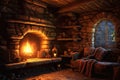 old stone fireplace with burning logs and warm glow Royalty Free Stock Photo