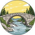 Old stone footbridge over river vector in cartoon style Royalty Free Stock Photo