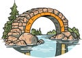 Old stone footbridge over river vector in cartoon style