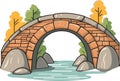 Old stone footbridge over river vector in cartoon style