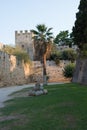 Old stone fortifications at Rhodes town, Rhodes, Greece. Walking path between the walls Royalty Free Stock Photo