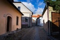 Old stone fountain on beautiful cobbled street, Tabor, Czech Republic