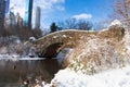 Gapstow Bridge over the Pond at Central Park during the Winter with Beautiful Snow in New York City and the Midtown Manhattan Skyl Royalty Free Stock Photo