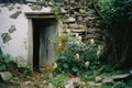 an old stone house with a door and flowers in front of it Royalty Free Stock Photo