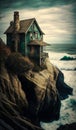 Old stone house right on the cliff. Beautiful old-fashioned dwelling on the rock over the sea. Generative AI