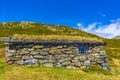 Old stone house at Vavatn landscape snowy mountains Hemsedal Norway