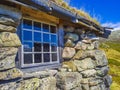 Old stone house at Vavatn landscape snowy mountains Hemsedal Norway Royalty Free Stock Photo