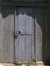 Old stone house wooden door with red flowers Royalty Free Stock Photo