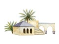 Old stone houses with palm trees, stairs and arches watercolor illustration. City quarter. Mediterranean Romanian Europe