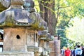 Old stone lanterns line a pathway in a Japanese Shinto temple Royalty Free Stock Photo