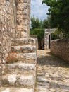 Old stone paved path, fence and stair Royalty Free Stock Photo