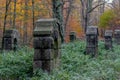 Old stone pillars in the forest overgrown with plants Royalty Free Stock Photo