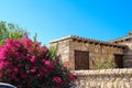 An old stone room with a tiled roof and wooden doors, next to a Bush in pink flowers. Famagusta . Cyprus Royalty Free Stock Photo