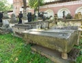 Old stone sarcophagus in the old cemetery. Ancient graves