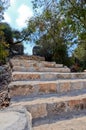 An old stone staircase leads up. Among the green trees to a clear blue sky. Royalty Free Stock Photo