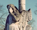 The old stone statue of an angel headstone in the cemetery in vi