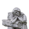 Old stone statue: child near the cross. White background child loss concept