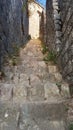 Steps going up the corridor in the ruined castle