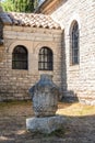 Old stone vase in front of a small chapel in Rovinj, Croatia