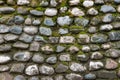 Old stone wall covered with clumps of green moss and lichen