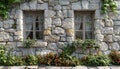 Old stone wall with flower pot and window generated by AI Royalty Free Stock Photo