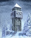 Old stone watch medieval watch tower in a snow covered winter landscape Royalty Free Stock Photo