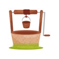 Old stone water well, wooden bucket hangs on rope. Element for rural landscape. Farm theme. Flat vector design Royalty Free Stock Photo