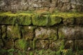 Close up section of old wall with grass, moss and lichen growing on it. Royalty Free Stock Photo