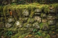 Old stonewall with lichen, moss and plants growing on it.