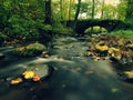 Old stony bridge. Autumn river. Water of stream full of colorful leaves, leaves on gravel, blue blurred water. Royalty Free Stock Photo