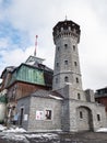 Old stony viewtower at the peak of Klinovec in the Ore Mountains Royalty Free Stock Photo