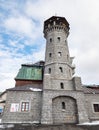 Old stony viewtower at the peak of Klinovec in the Ore Mountains Royalty Free Stock Photo