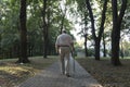 An old, stooped man walks sullenly and alone along the path in the park with a gray umbrella instead of a cane.