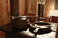 Old stove with pots and pans Royalty Free Stock Photo