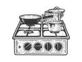 Old stove with pots and pans sketch vector Royalty Free Stock Photo
