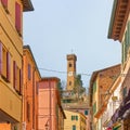 Old street and bell tower in Santarcangelo di Romagna Royalty Free Stock Photo