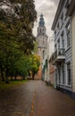 An old street in the city center of the capital Groningen, with the so-called \'Martini tower