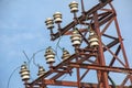 Old street concrete pillar with rusty iron part at top and cut wires. Installation or dismantling of electricity. Broken energy Royalty Free Stock Photo