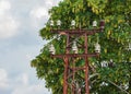 Old street concrete pillar with rusty iron part at top and cut wires. Installation or dismantling of electricity. Broken energy Royalty Free Stock Photo