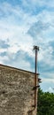 Old street concrete pillar with rusty iron part at top and cut wires. Installation or dismantling of electricity. Broken energy Royalty Free Stock Photo