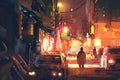 Old street in the futuristic city at night with colorful light