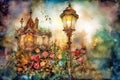 Old street lamp and flowers in the garden, villa in the background. Digital stylized watercolor painting, generative ai