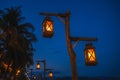 An old street lamp illuminating a dark street with palm trees Royalty Free Stock Photo