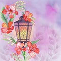 Old street light with tropical flowers decoration Fairy spring garden watercolor illustration Enchanted romantic scenery