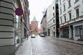 Riga, Latvia, November 2019. Capital street overlooking the Powder Tower.