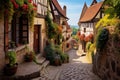 Old street in Riquewihr, Alsace, France, A charming, cobblestoned European village with bright, quaint houses, AI Generated