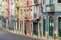 Old Street view of colorful traditional houses in Lisbon historic center Royalty Free Stock Photo