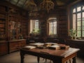 Old study with antique furniture, books, and a nostalgic ambiance. Generated with AI Royalty Free Stock Photo