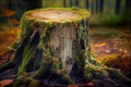Old stump in the autumn forest with moss and fallen leaves. Nature background. Generative AI Royalty Free Stock Photo