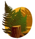 Old stump with a bush next to it with leaves of fern vector drawing isolated on yellow background